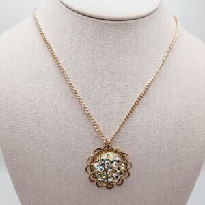 Vintage AB Rhinestone Filigree Pendant Necklace Gold Tone 18 Inch Chain